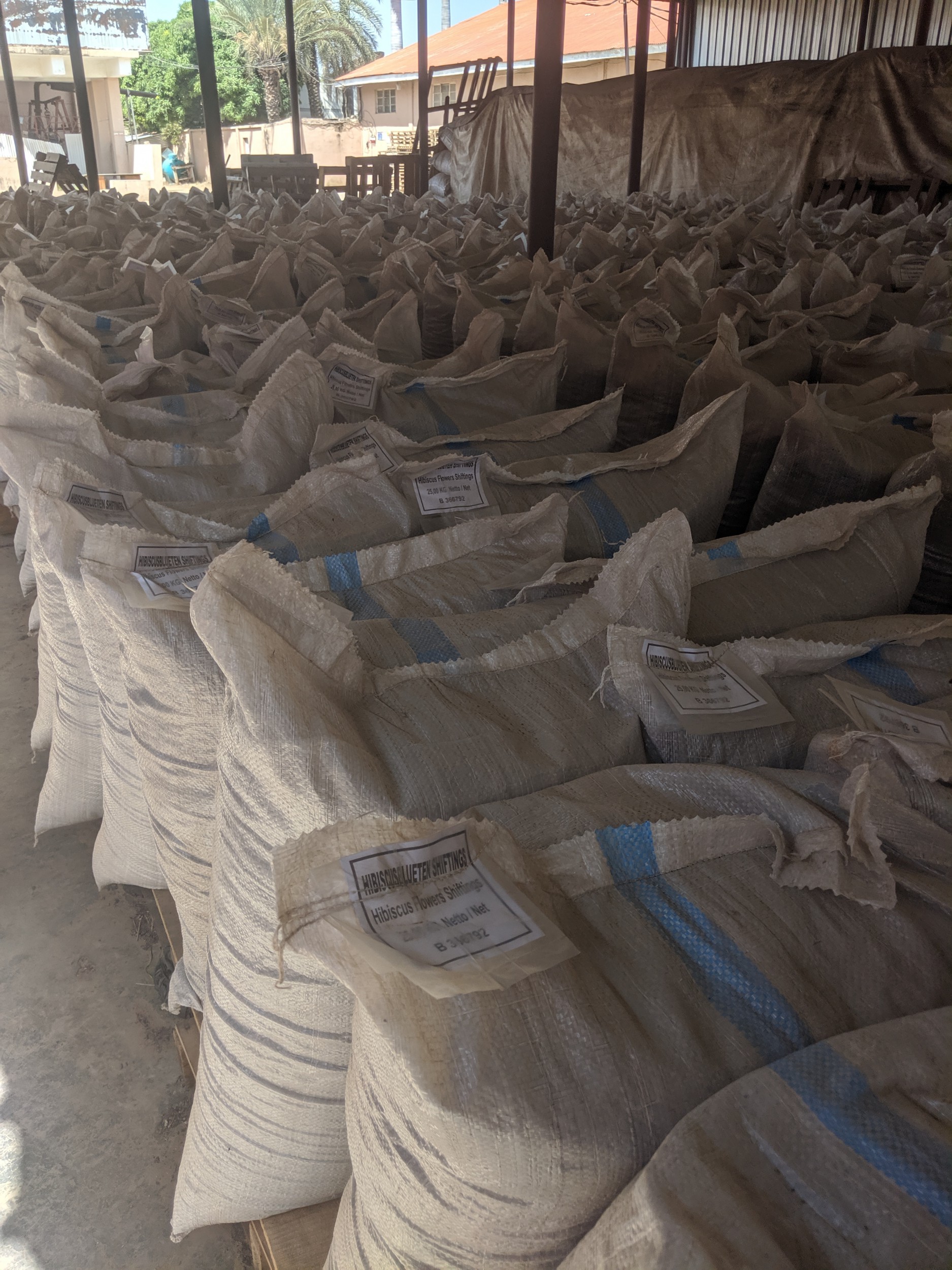 Bagged Hibiscus waiting to be transported in Kano State, Nigeria